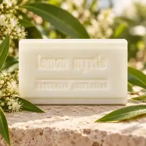 Cloverfield Lemon Myrtle soap bar with lemon myrtle leaves and flowers