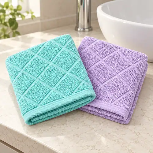 Folded aqua and orchid face washers with an angled woven cross design beside a bathroom basin