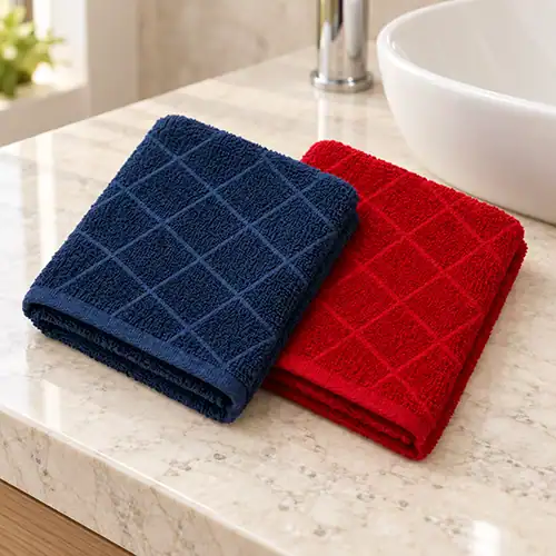 Folded blue and red face washers with an angled woven cross design beside a bathroom basin