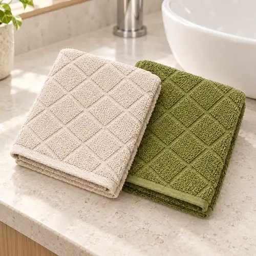 Folded macadamia and olive face washers with an angled woven cross design beside a bathroom basin