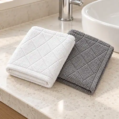 Folded white and Griffin Grey face washers with an angled woven cross design beside a bathroom basin