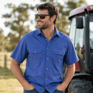 Dundee denim short sleeve bamboo work shirt with traditional men’s button closure