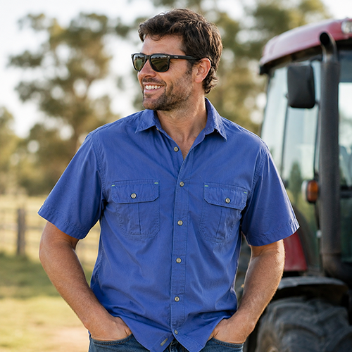 Dundee denim short sleeve bamboo work shirt with traditional men’s button closure