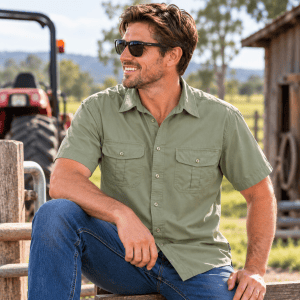 Man wearing Dundee fatigue short sleeve bamboo work shirt in a rural farm setting