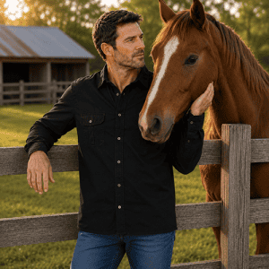 Man wearing Dundee unisex bamboo work shirt beside horse on farm