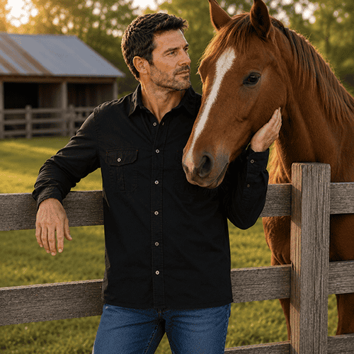 Man wearing Dundee unisex bamboo work shirt beside horse on farm