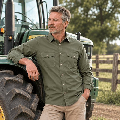 Man wearing Dundee unisex bamboo work shirt beside tractor on farm in fatigue colour