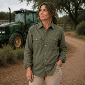 Woman wearing Dundee unisex bamboo work shirt on farm - colour Fatigue