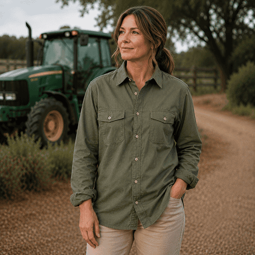 Woman wearing Dundee unisex bamboo work shirt on farm - colour Fatigue