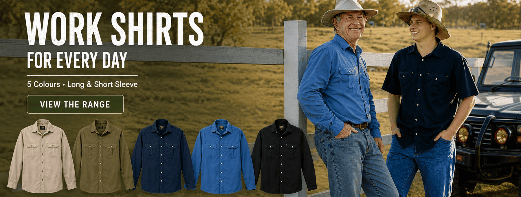 Men’s Bamboo work shirt range showing long and short sleeves in five colours