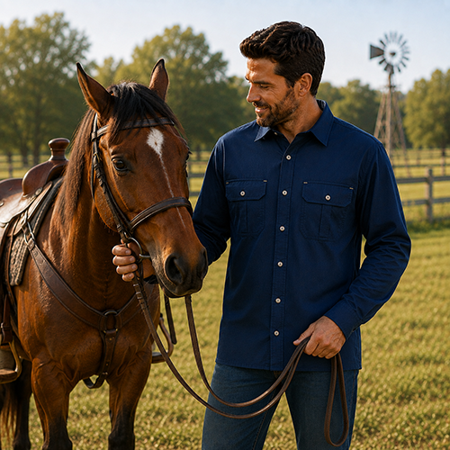 Dundee navy unisex bamboo work shirt with long sleeves and buttoned chest pockets