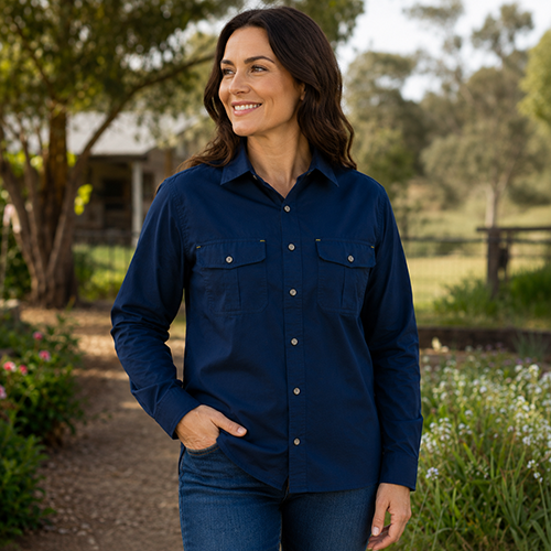 Dundee navy unisex bamboo work shirt with long sleeves and buttoned chest pockets