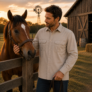 Man wearing Stone Dundee unisex bamboo work shirt beside horse on farm