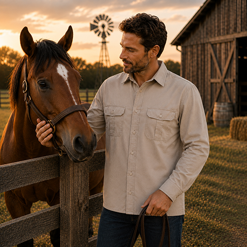 Man wearing Stone Dundee unisex bamboo work shirt beside horse on farm