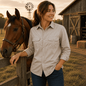 Woman wearing Stone colour Dundee unisex bamboo work shirt beside horse on farm