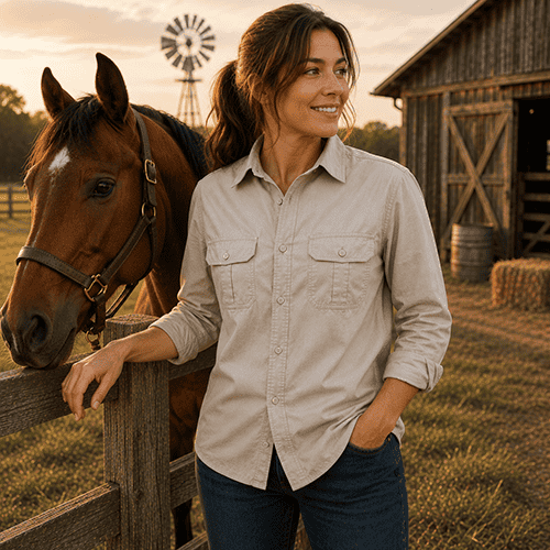 Woman wearing Stone colour Dundee unisex bamboo work shirt beside horse on farm