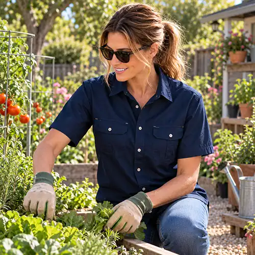 Woman gardening in Dundee navy short sleeve bamboo work shirt