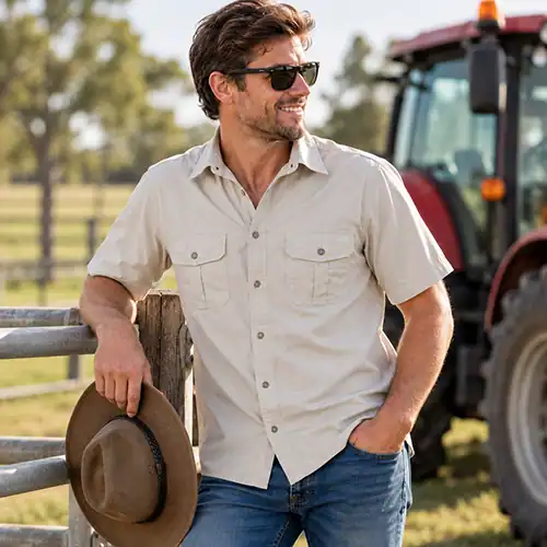Man wearing Dundee stone short sleeve bamboo work shirt on a rural Australian property